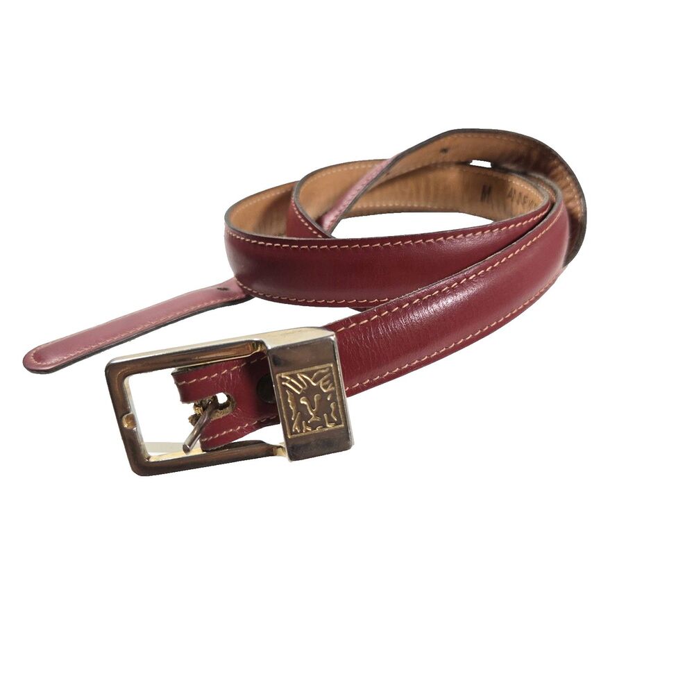 Vintage Anne Klein Women's Leather Belt Medium Red Gold Lion Buckle